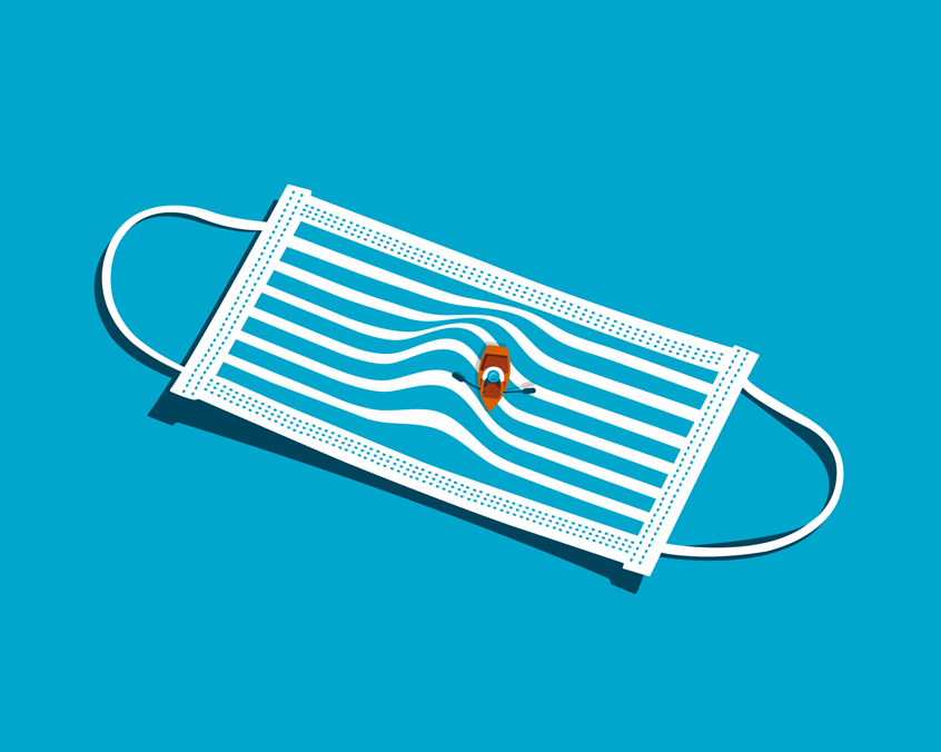 illustration of An illustration to represent the second wave of the Covid19 pandemic. Mask, facemask, boat, wave, pandemic, blue, coronavirus, Covid19, isolation, lockdown, social distancing, editorial, news, political, conceptual, digital, vector.