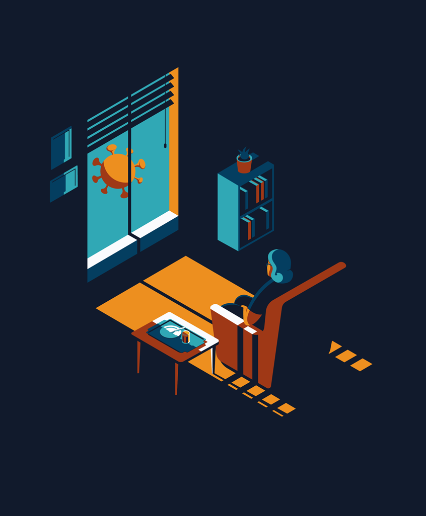 illustration of Created for Prospect magazine, the full page opening illustration portrays how Covid19 has shone a light on the issues around care homes.
Pandemic, editorial, vector, Covid19, coronavirus, sun, bookshelf, elderly, care, window, room, chair, isometric.