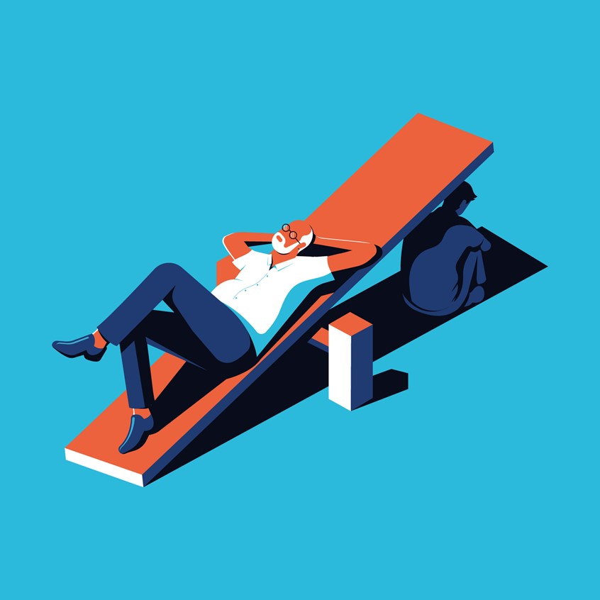illustration of Created for Prospect magazine for the article 'The Age Divide' which talks about age having replaced class as the dividing political line in the UK.
Age, pension, youth, divide, see-saw, adult, teenager, depression, mental health, finance, financial, blue, orange, sun, relaxation, sunbathing.