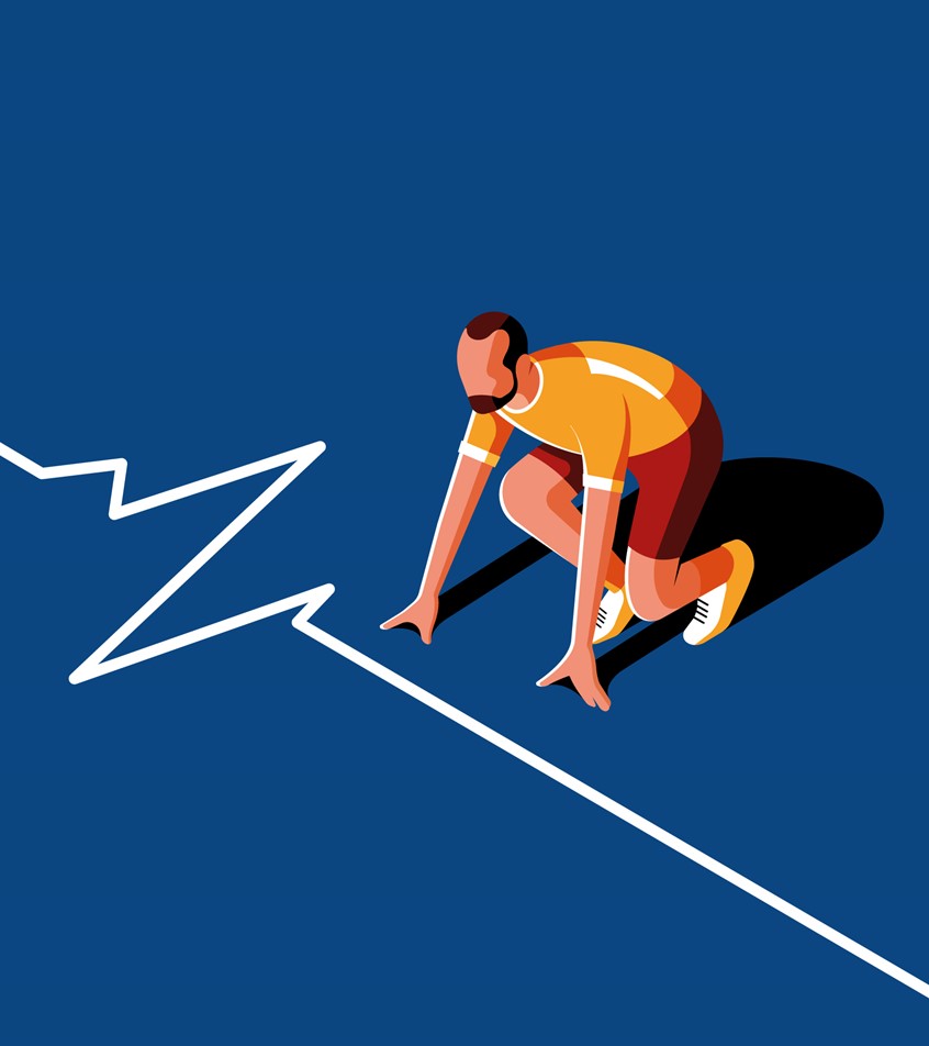 illustration of 'Should Older Patients be Screened Before an Endurance Event?' Created for the cover of Case Notes magazine. Endurance, screening, heartbeat, heart rate, marathon, running, exercise, fitness, heart, age, test, health check.