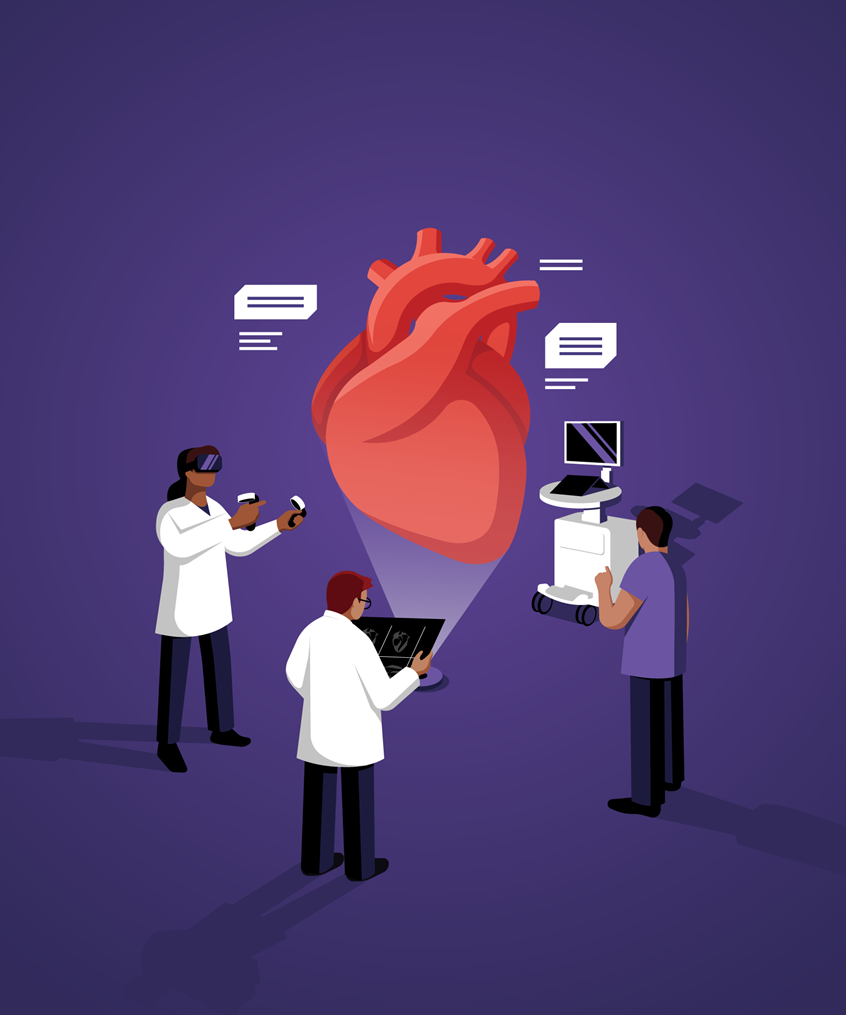 illustration of 'Pioneering Care in Paediatric Cardiology' - created for the cover of Royal Brompton and Harefield Hospitals, Case Notes magazine.
The illustration highlights how the hospitals push boundaries and pioneer care using 3D MRI scans, virtual reality and the latest high-resolution ultrasound scanners.
heart, technology, advancement, magazine, purple, data, futuristic, midwifery, VR, organ, foetus, hologram, hospital, conceptual, pregnancy, maternal, child, baby, digital, vector