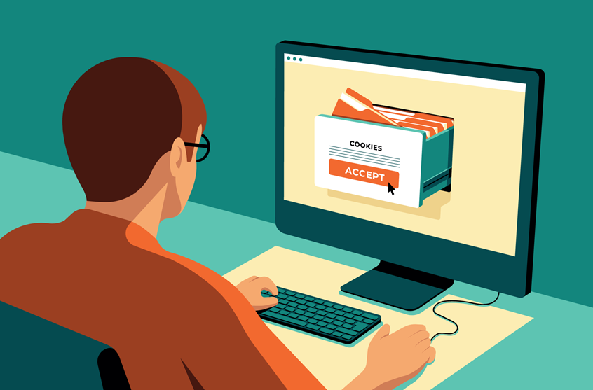 illustration of An illustration for the cybersecurity section of The Wall Street Journal. The illustrated article looks at what cookie banners are as well as the problem with these pop ups and current data regulation.
Data, cookies, privacy, cyber crime, cyber security, pop up, computer, keyboard, worker, online, web, digital, vector, conceptual, metaphor, security