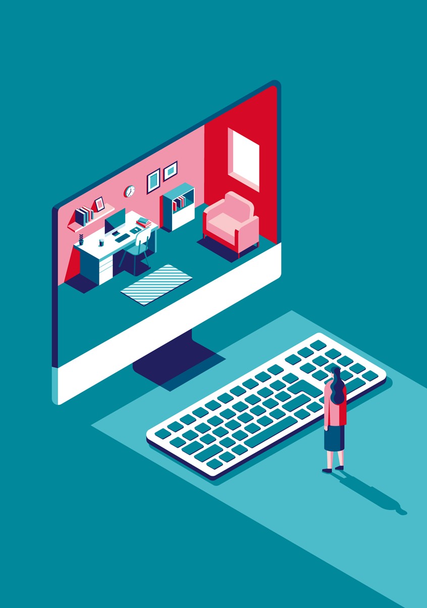 illustration of Feature opener for Think magazine.
Future, work, coronavirus, work from home, person, woman, keyboard, desk, office, home office, worker, job, covid-19, covid, pandemic, lockdown, business, isometric, editorial, web, magazine, online, cover, shadow, minimal, flat, metaphor, conceptual, small business, communication