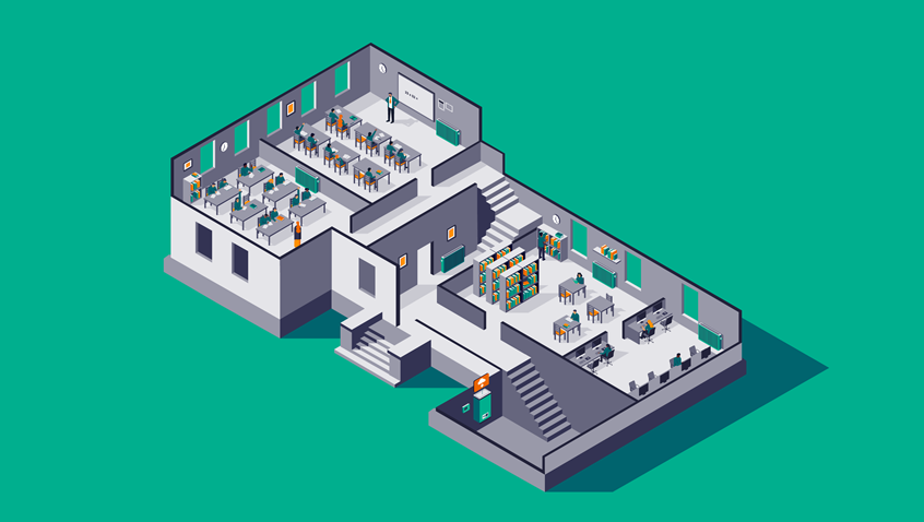 illustration of A school interior that fulfils the new European obligation to modernise buildings. Created for Siemens.
School, isometric, building, architecture, interior, boiler, heating, smart technology, automated, automation, sustainable, sustainability, books, reading, library, education, learning, classroom, student, teacher, climate change, people, storyboard, animation