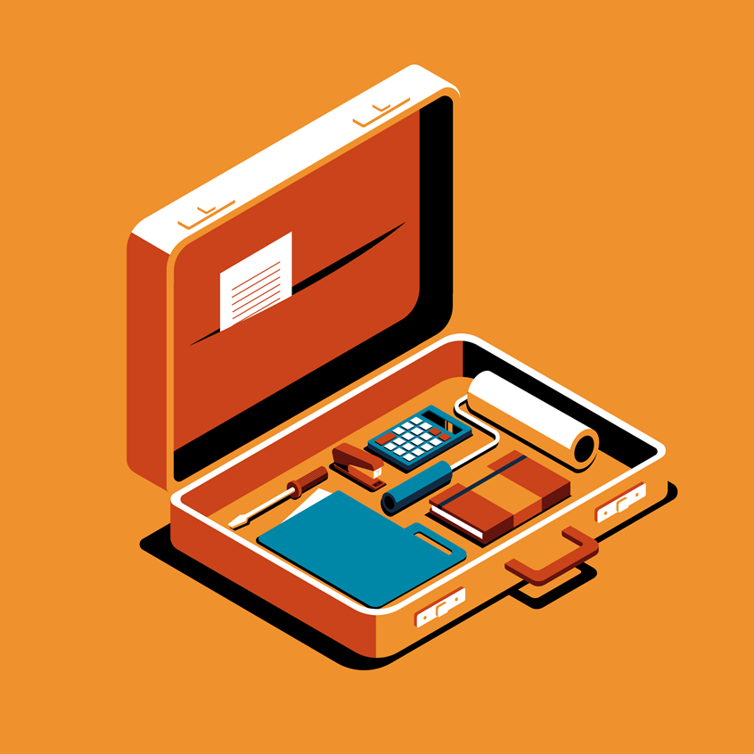 illustration of How we can find middle ground between white collar and blue collar jobs in the US? Created for Harvard Business Review.
business, finance, tools, diy, diary, notebook, documents, folder, briefcase, negative space, minimal, isometric, isometric illustration, orange, worker, work, equality, pay, salary