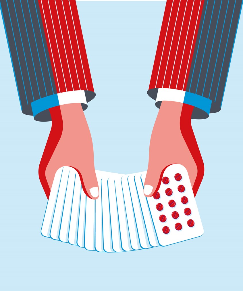 illustration of Created for the British Heart Foundation's magazine, Heart Matters. The illustrated article talks about the repurposing of existing drugs to bring new treatments more quickly.
medicine, healthcare, drugs, pills, conceptual, editorial, hands, magic, scientist, cards, treatment, cure, condition, vector, digital, research