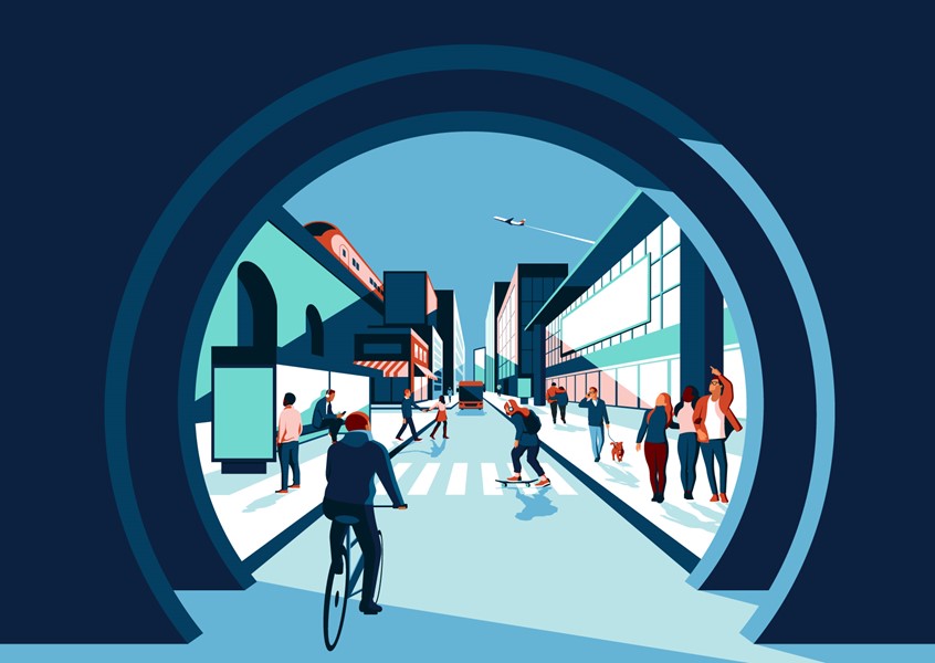 illustration of Created for JCDecaux in collaboration with Deloitte.
City, bus stop, zebra crossing, skater, community, buildings, perspective, train, bike, cyclist