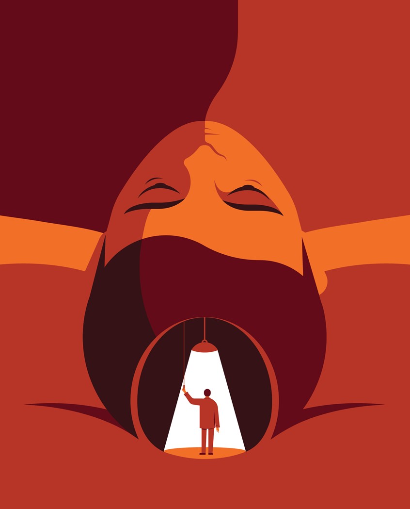 illustration of Cover illustration for Case Notes magazine. The edition focuses on Royal Brompton and Harefield Hospitals specialist CBTi treatment for insomnia.
Medical, sleep, fatigue, light switch, head, brain, thoughts, dream, face, stress