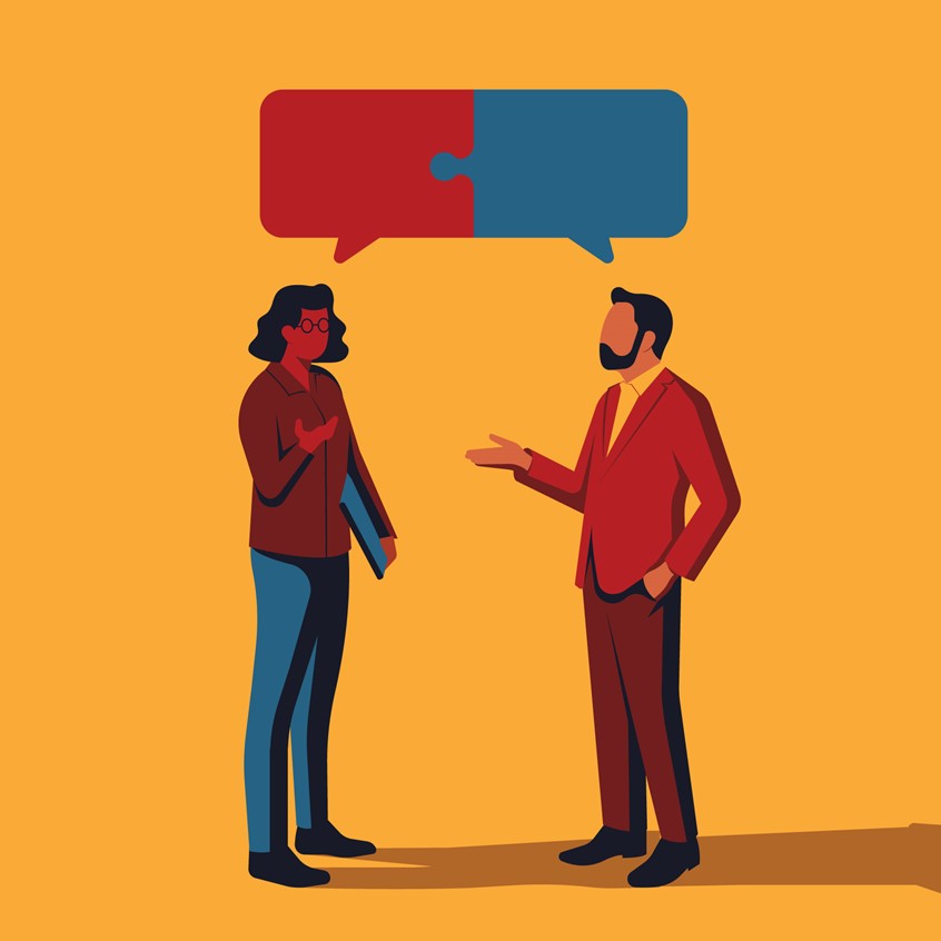 illustration of For London Business School's, Think magazine.
communication, talking, business, gender equality, puzzle, speech bubble, working together, workplace, worker, sponsorship, mentor