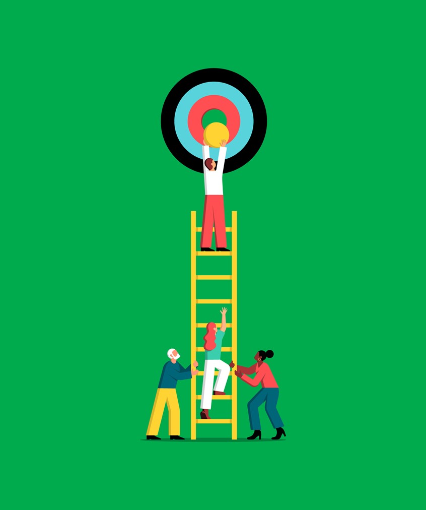 illustration of Created for AAT as part of a behaviours set. The behaviour of Accountability for the AAT staff focuses on the delivery of agreed end goals, setting clear objectives and holding themselves and others accountable to meeting them.
Business, leader, teamwork, target, goal, ladder, collaboration, achieve, success