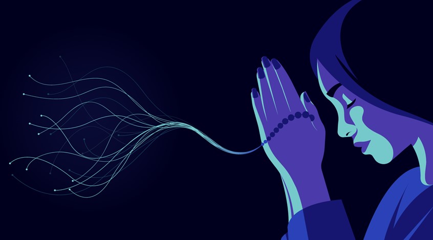 illustration of 'Where AI thrives, religion may struggle' - created for Chicago Booth Review. The illustrated article examines a series which suggest an inverse relationship between automation and religion.
Woman, prayer beads, prayer, artificial intelligence, portrait