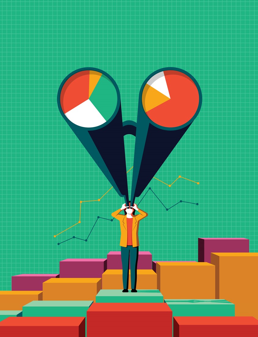 illustration of 'Where to Invest Now' - created for the cover of Kiplinger Personal Finance magazine.
Investing, outlook, pie charts, accounting, finance, graph, chart, forecast, money, investor, invest, stocks and shares, pie charts, binoculars, conceptual