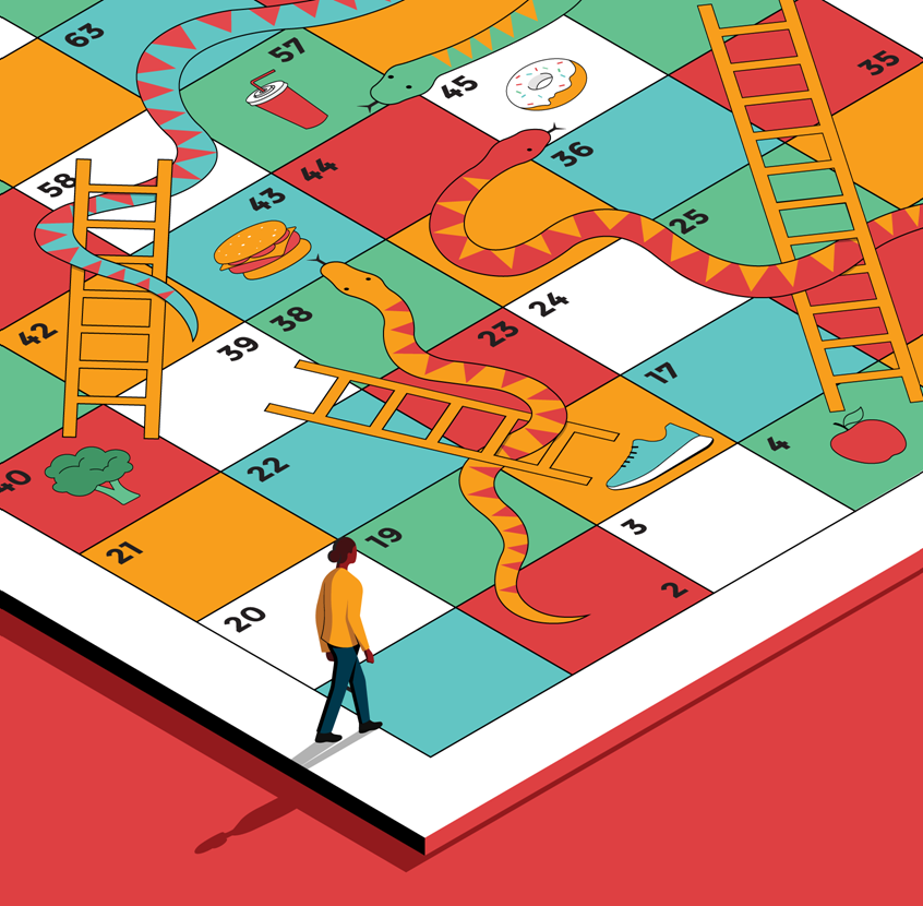 illustration of The illustrated article discusses fad diets and misinformation in regards to nutrition and weight loss programs. It emphasises how daily decisions sustained over the long term win over shortcuts/quick fixes.
Board Game, fruit, broccoli, vegetables, diet, snakes and ladders