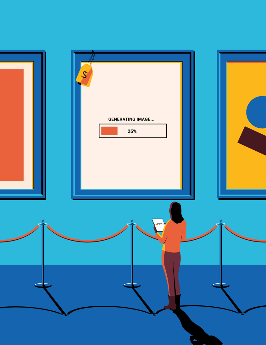 illustration of Opening illustration for NYU Law magazine which focuses on the evolving technology of AI and intellectual property rights.
museum, automation, licensing, copyright, editorial, technology, artwork