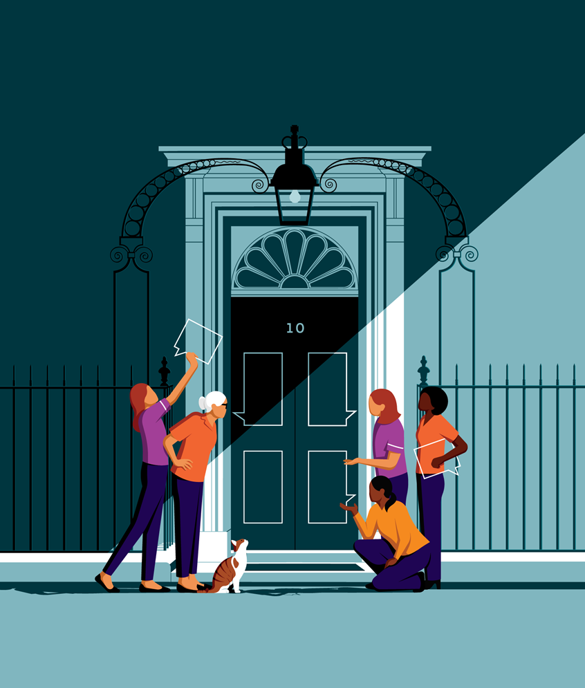 illustration of Created for the cover of Midwives magazine. The illustration highlights the questions that the RCM has for the new government on maternity care and women's health inequalities.
Political, government, UK, female, equality, inequality, prime minister, Britain, speech bubble