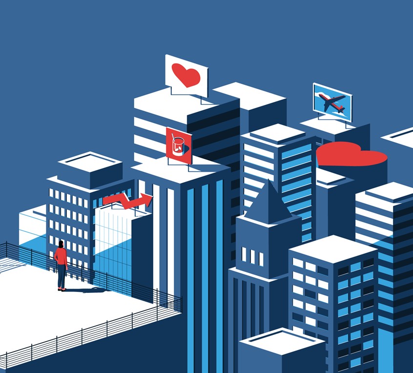 illustration of Created for the 'Lives and Legacies' series for a global consulting firm, this obituary illustration features advertising star, Mary Wells Lawrence; the first woman to head an NYSE-listed firm.
Advertising, city, billboard, entrepreneur, businesswoman, business, isometric, editorial, New York, cityscape