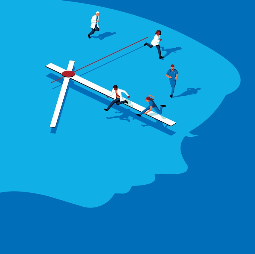 illustration of Created for Mayo Clinic Magazine, the illustrated article, 'Time is Brain' is about the care team racing against time to come up with a treatment solution for patients with the importance of every single second in saving the brain.
portrait, silhouette, doctors, emergency, hospital, medicine, stroke