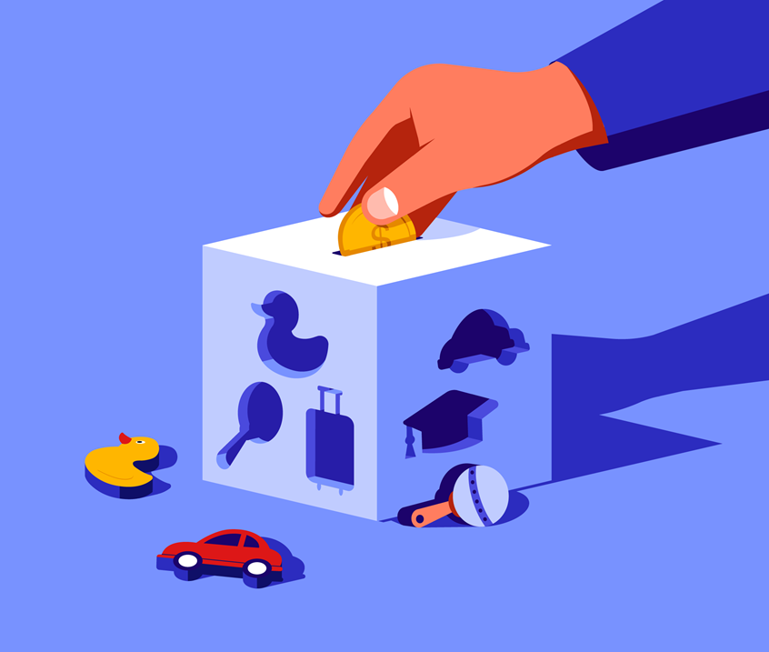 illustration of Created for the Wall Street Journal on budgeting as a new Aunt. The author, Julia, shares tips on how to set aside money for travel, toys and education.
Baby, toddler, investing, travel, piggy bank, money