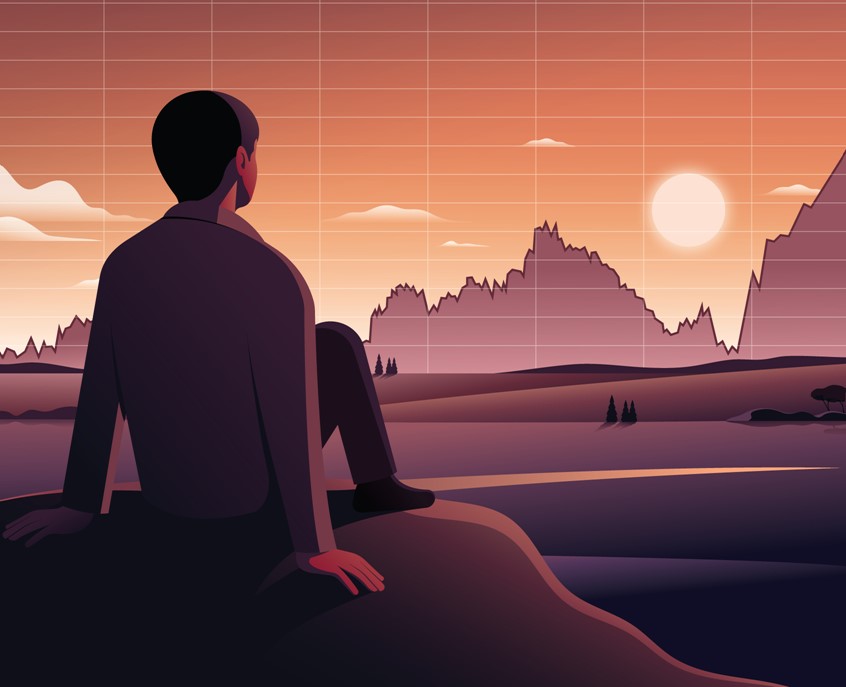 illustration of Created for Insights magazine for a story about monitoring the market by staying calm, leaning on the wealth plan you already have in place and keeping your eyes on the future.
investing, investment, stock market, portfolio, growth