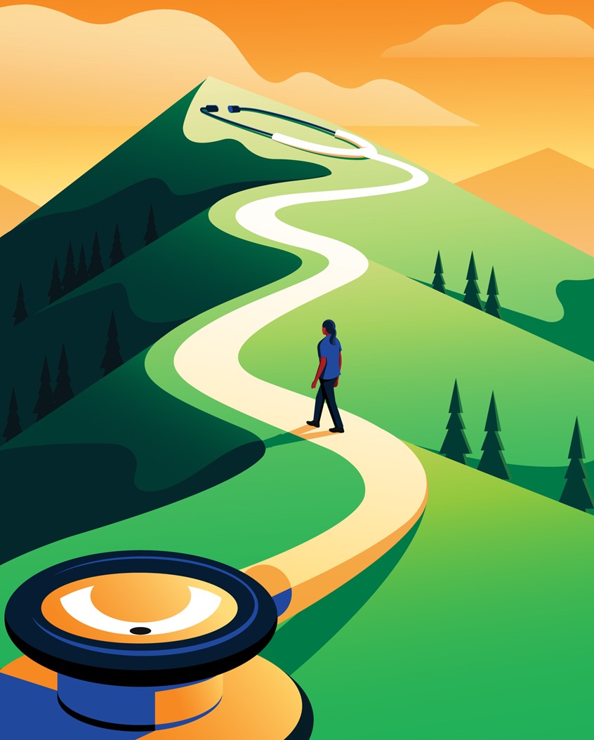 illustration of Created for Penn Nursing's feature article, which talks about new strategic leadership programs for nurses—and how alumni are fostering innovation and shaping the future of health care.
Stethoscope, nurse, nursing, doctor, journey, achievement, leader, business, career