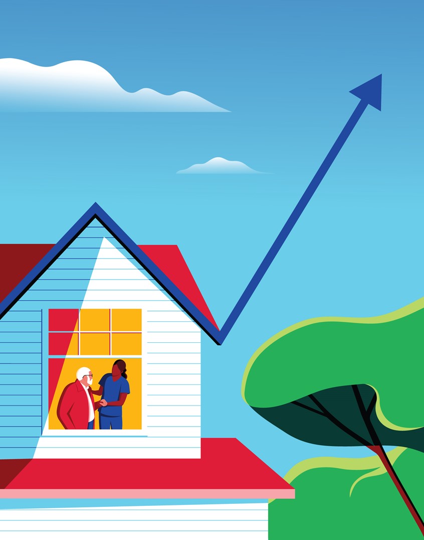 illustration of Created for Penn Nursing about an investment banker turned health care consultant who discusses his views on private investment in health care.
mortgage, health, medical, elderly, home, cost of living, arrow, inflation, money, investing, house