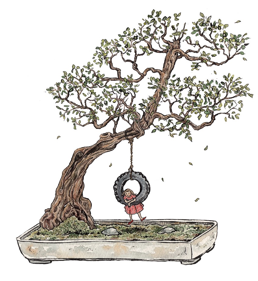 illustration of A tiny child on a tire swing in a bonsai tree. Medium: ink and watercolor.
Children's illustration, picture books, nature, tree, play, child, plant, kids books, children's publishing, licensing, detailed illustration, children's illustrator.