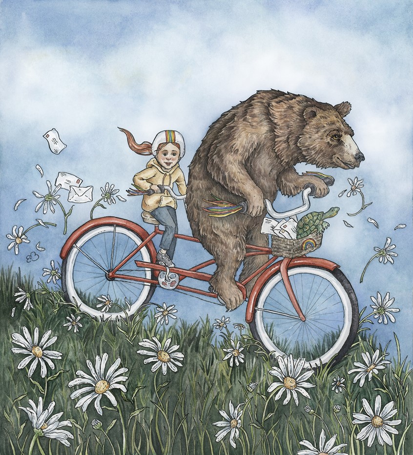 illustration of A child and a bear on a biking adventure. Medium: ink and watercolor.
Children's illustration, children's books, picture book, child, children, bear, turtle, bike, bicycle, flowers, adventure, animal, animals, friends, bike riding, character, book cover, fun, colorful, kids illustration, children's literature, picture books, kidlit, Erin O’Leary Brown.