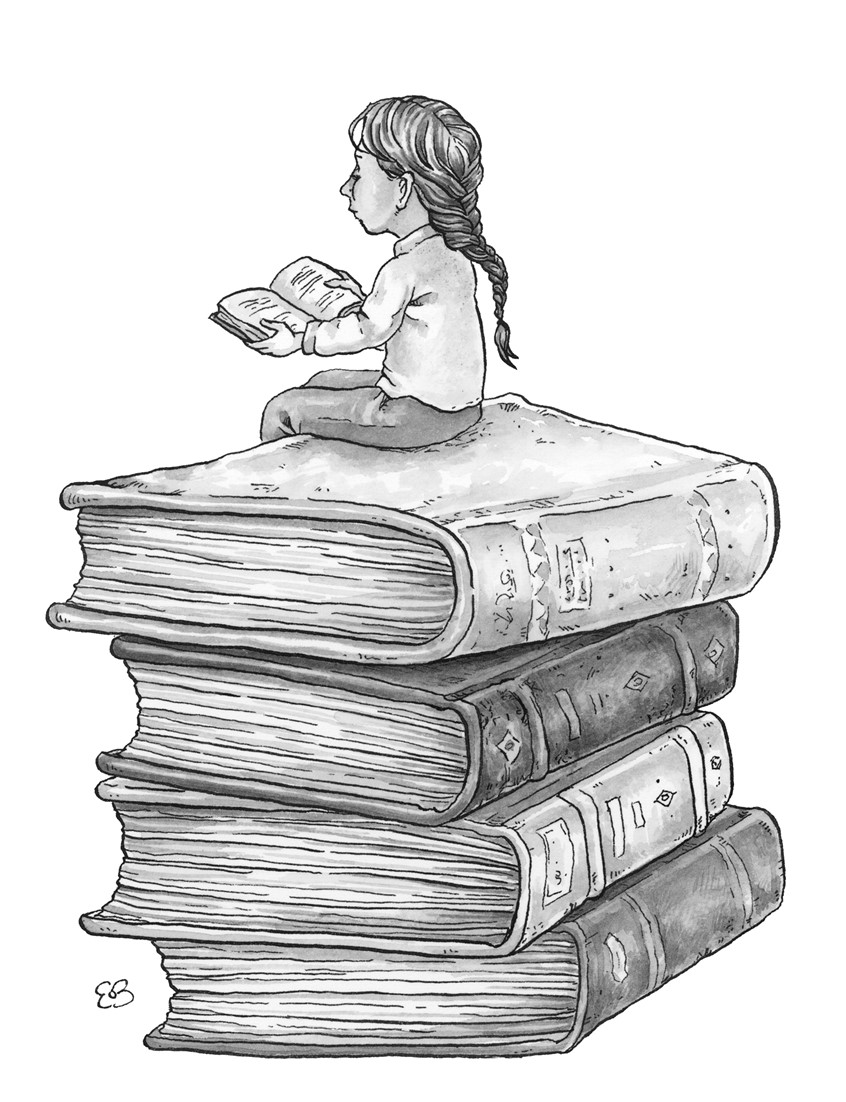 illustration of A young girl doing a little light reading. Medium: ink and watercolor.
Children's illustration, black and white illustration, chapter books, young readers, interior illustrations, books, reading, child, person, whimsical, figurative, editorial.