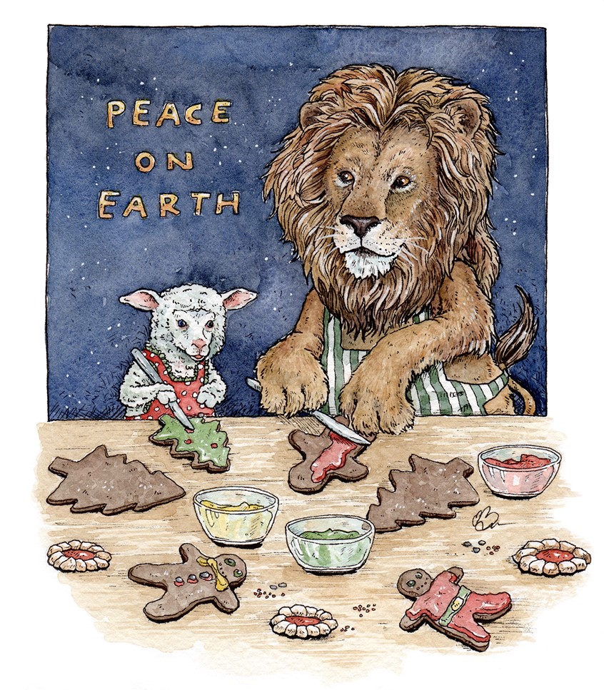 illustration of Lion and lamb making Christmas cookies. Medium: ink and watercolor.
Children's illustration, children's books, picture books, animals, animal characters, cooking, baking, celebration, peace, cooperation, friendship.