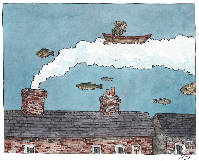 illustration of Sailing away in a boat in the clouds. Medium: ink and watercolor.
Children's illustration, kids books, picture books, children's publishing, boating, fish, surrealism, town, buildings, woman, girl, children's illustrator.