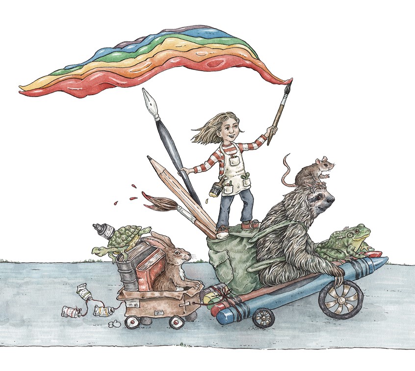illustration of A group of animal friends accompany an artist on a journey. Medium: ink and watercolor.
Children's illustration, children's books, picture books, children's illustrator, child, girl, kids books, art, painting, rainbow, animal characters, people, sloth, mouse, frog, rabbit, turtle, woodland animals, parade, playful, fun, colorful, adventure, whimsical, Erin O’Leary Brown.