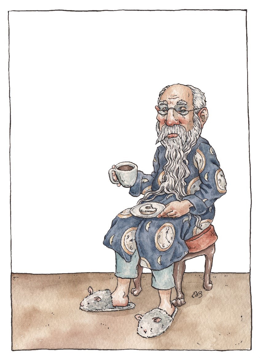 illustration of Old father time having breakfast in his bathrobe and bunny slippers. Medium: ink and watercolor.
Children's illustration, children's books, picture books, children's publishing, character, old man, eating, children's illustrator.