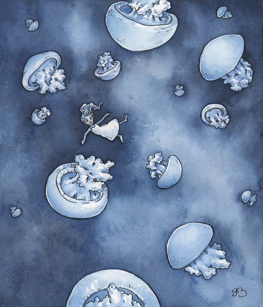 illustration of A tiny girl floating in the deep blue with jellyfish. Medium: ink and watercolor.
Children's illustration, picture books, kids books, children's publishing, underwater, jellyfish, child, sea ocean, whimsical, children's illustrator.