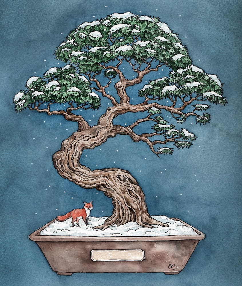 illustration of Tiny fox under a bonsai tree in the winter snow. Medium: ink and watercolor.
Children's illustration, children's books, picture books, children's publishing, snow scene, tree, winter, snowing, snowy tree, animal, animals, fox, nature, woods, woodland animals, whimsical, detailed, licensing, children's illustrator.