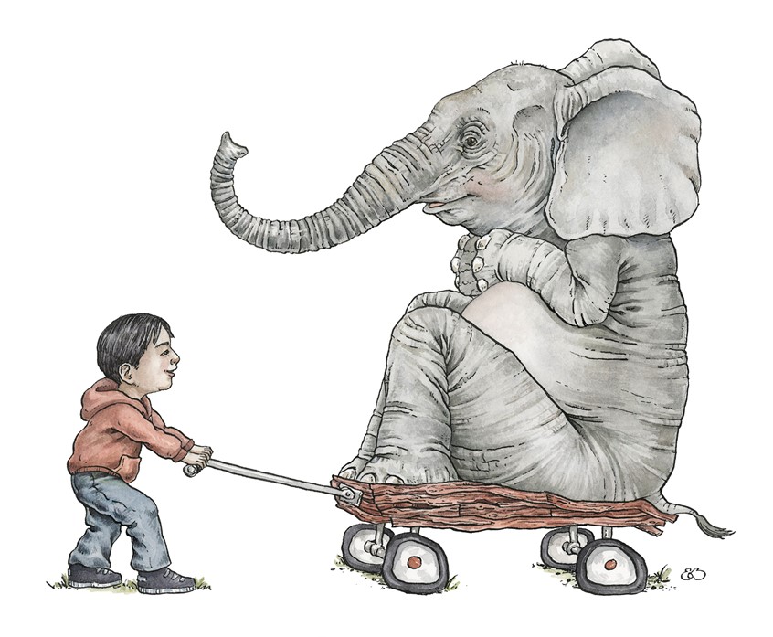 illustration of Elelphant was a bit to heavy for a wagon ride. Medium: ink and watercolor.
Children's illustration, children's books, picture books, animal characters, animals, elephant, boy, child, play, friends, children's literature, children's illustrator.