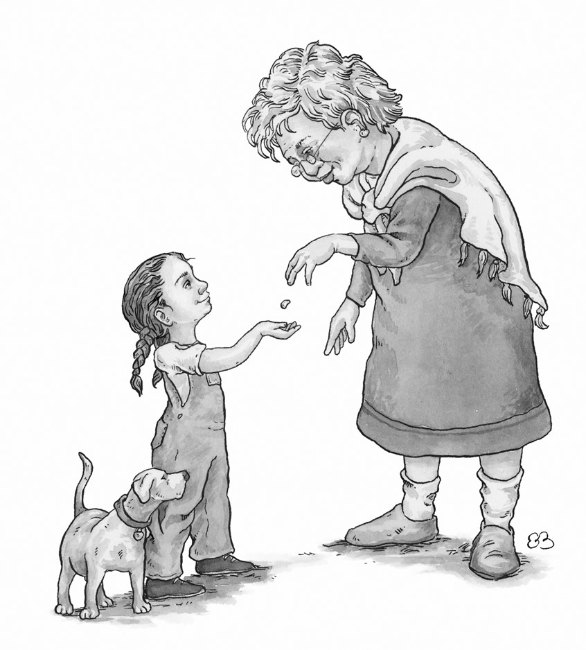 illustration of An old woman giving a child a magic bean. Medium: ink and watercolor.
Children's illustration, black and white illustration, chapter books, interior illustrations, children's books, children's illustration, reading, child, little girl, woman, dog, sharing, children's illustrator.