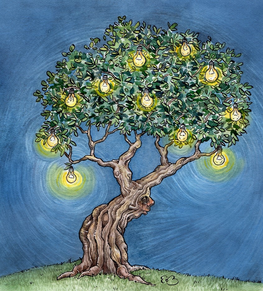 illustration of A whimsical tree full of glowing lights. Medium: ink and watercolor.
Children's illustration, picture books, children's publishing, kids books, fairy tale, tree with face, lightbulb, night.