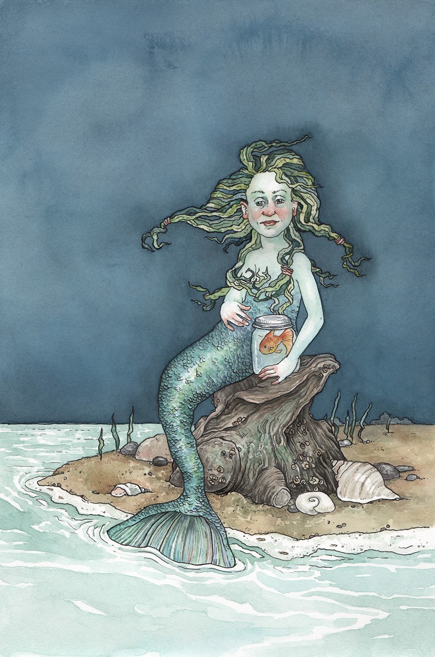 illustration of A mermaid sitting on the beach with her fish. Medium: ink and watercolor.
Children's illustration, picture books, kids books, fantasy creatures, fairy tales, magic, mythology.