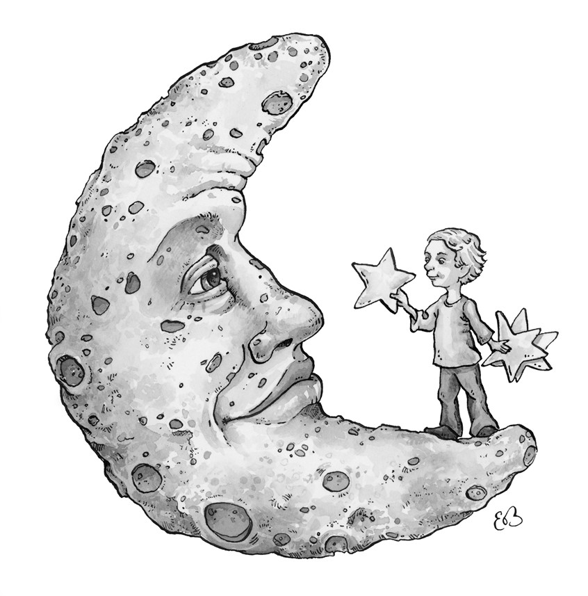 illustration of A child sharing stars with the moon. Medium: ink and watercolor.
Children's illustration, black and white illustration, chapter books, interior illustrations, children's books, children's publishing, child, moon, whimsical, editorial, fantasy, children's illustrator.
