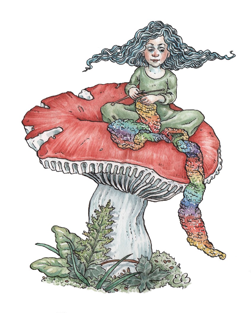 illustration of A quirky little person knitting a rainbow while sitting on a mushroom. Medium: ink and watercolor.
Children's illustration, children's books, children's publishing, picture books, kids books, licensing, mushroom, whimsical, child, person, fairy, woodland, magical, children's illustrator.