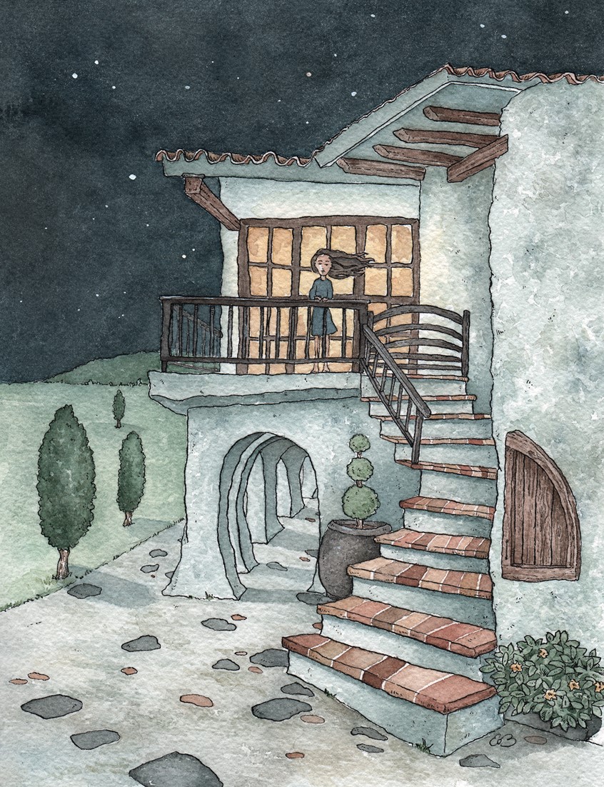 illustration of A young girl on the balcony at night. Medium: ink and watercolor.
Children's illustration, children's publishing, picture books, kids books, night, building, child, evening scene, whimsical, home, house, children's illustrator.