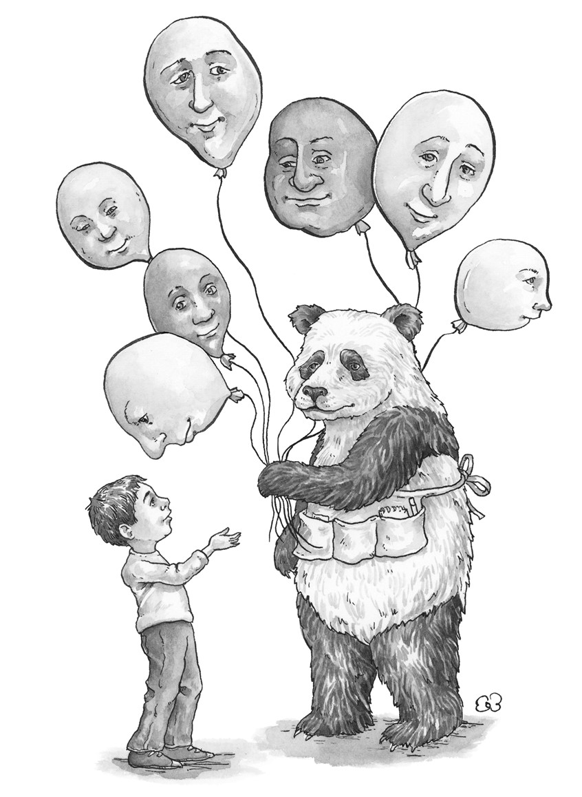 illustration of A panda bear sharing some balloons with a child. Medium: ink and watercolor.
Children’s illustration, children’s books, children’s publishing, black and white illustration, interior illustration, chapter books, child, boy, animal character, animals, panda, bear, balloons, children’s illustrator.