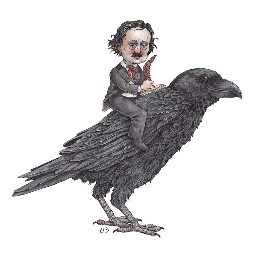 illustration of Edgar Allan Poe on a raven. Medium: ink and watercolor.
Children's illustration, children's publishing, picture books, portraits, portrait, author, historical people, animals, animal character, bird, birds, crow, raven, literature, detailed, children's illustrator, Erin O’Leary Brown.