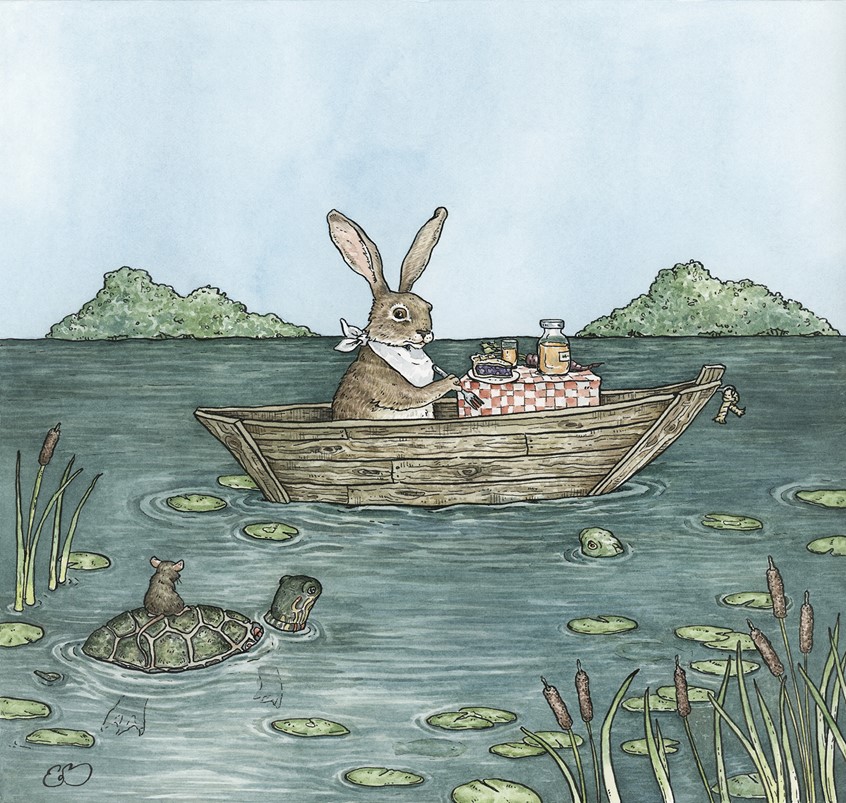 illustration of Rabbit is having a nice lunch in his boat when he is interrupted by some unexpected visitors. Medium: ink and watercolor.
Children's illustration, picture books, children's literature, children's books, kids, children, animals, animal characters, anthropomorphism, nature, rabbit, turtle, mouse, boat, lake, eating, watercolor, narrative, story, Erin O'Leary Brown.