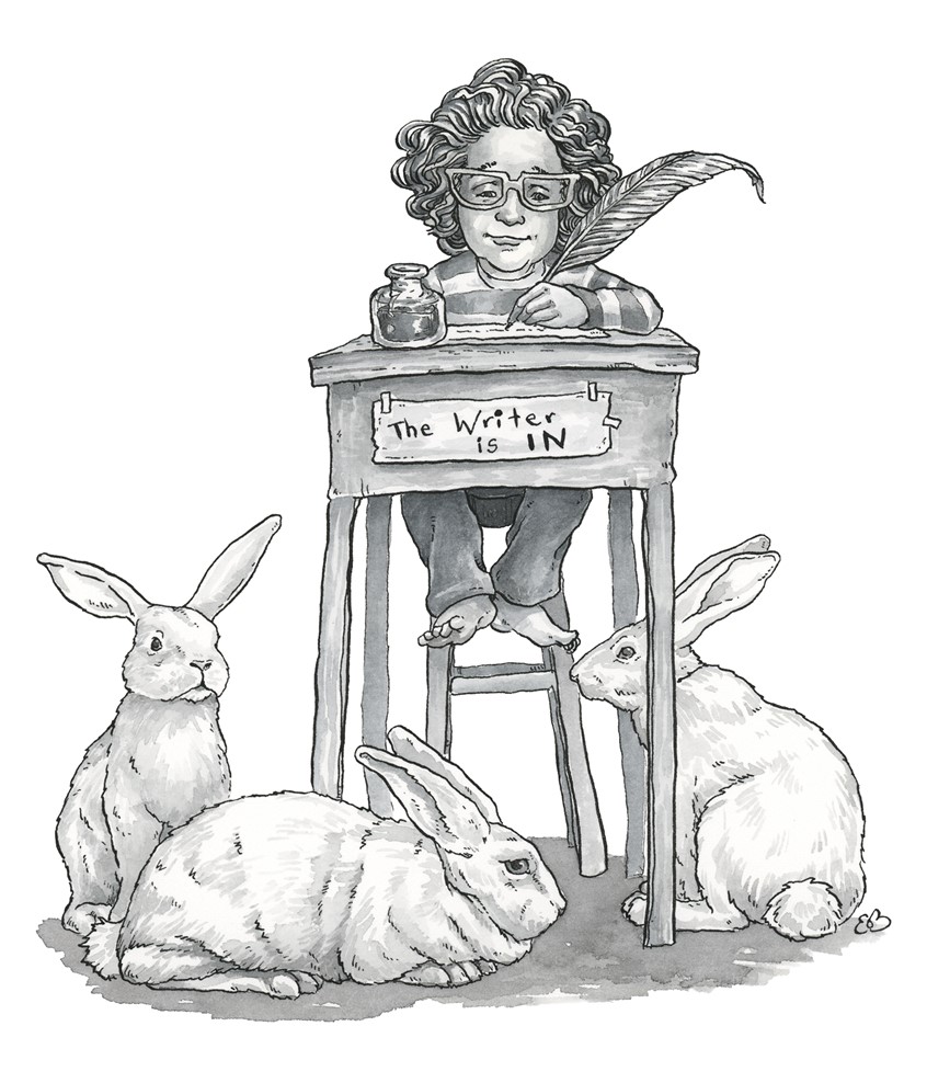 illustration of A young writer and some of her furry friends. Medium: ink and watercolor.
Children’s illustration, black and white, chapter books, interior illustration, children’s publishing, kids books, child, rabbits, working, animals, animal, rabbit, pets, author, children’s illustrator.