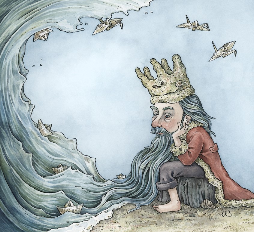illustration of A quiet king thinking on the beach. Medium: ink and watercolor.
Children's illustration, picture books, children's literature, fairy tales, folk tales, king, person, old man, ocean, beach, boats, water, waves, symbolism, kids books, children's illustrator, Erin O’Leary Brown.