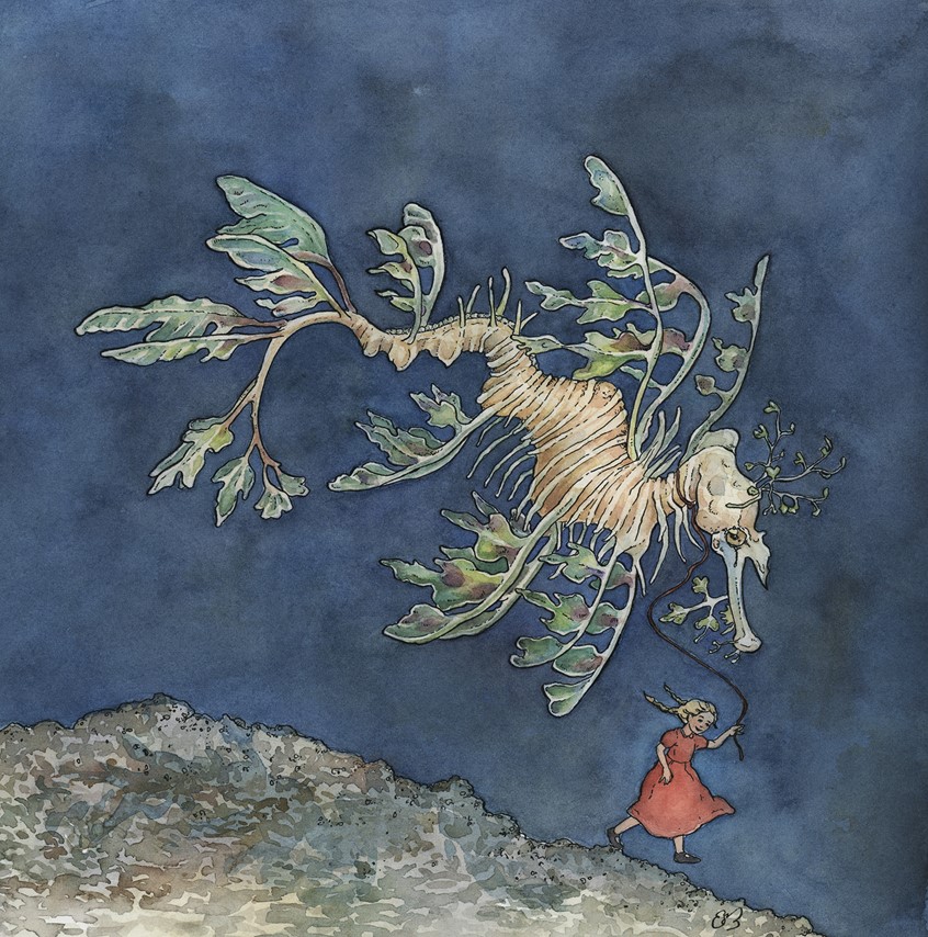illustration of A little girl and her sea dragon friend. Medium: ink and watercolor.
Children's illustration, children's books, picture books, children's literature, kids books, children's illustrator, licensing, child, marine life, ocean life, under water creatures.