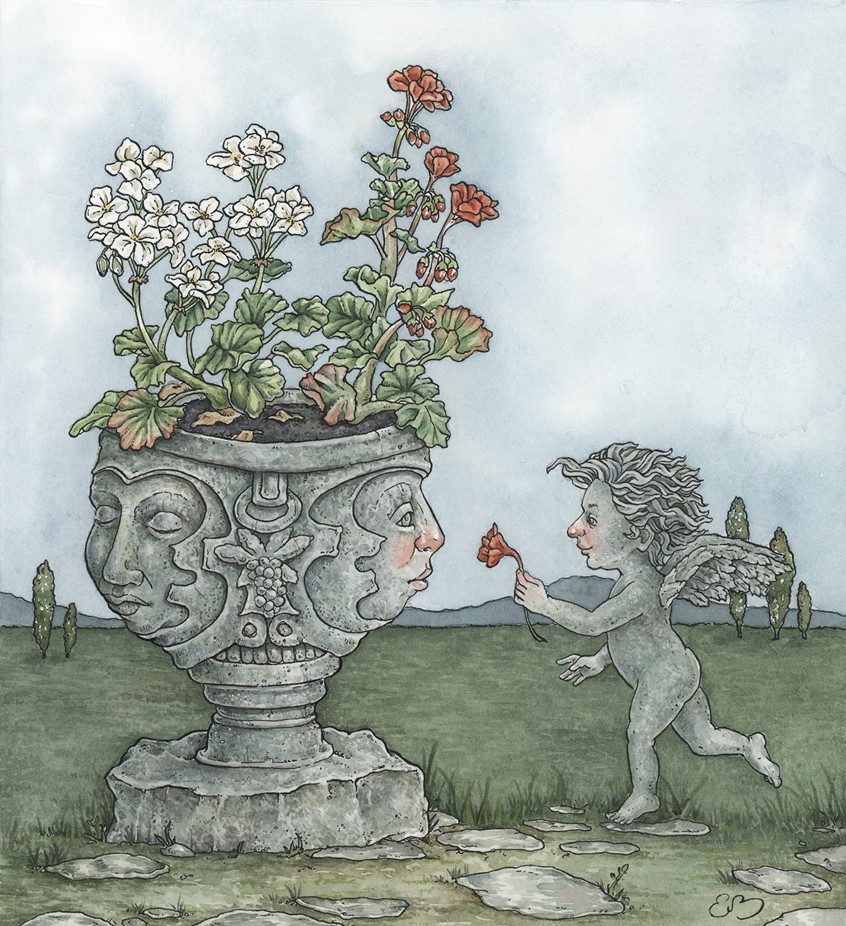 illustration of Medium: ink and watercolor.
Children's illustration, children's publishing, picture books, kids books, fairy tales, magic, garden, flowers, statue, plants, angel, friendship, friends, sharing, spring, love, detailed, children's illustrator.