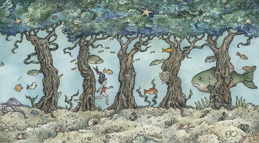 illustration of Small girl making her way through an underwater forest. Medium: ink and watercolor.
Children's illustration, picture books, detailed, trees, fish, child.