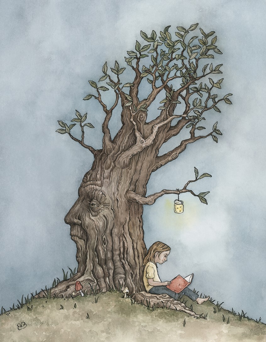 illustration of A child reading beside a magical tree. Medium: ink and watercolor.
Nature, magic, fantasy, tree, tree with a face, picture book, children's illustration, little girl, book, read. imagination.